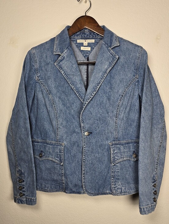 Tommy Hilfiger Jackets & Blazers - Vintage Tommy Hilfiger Denim Blazer Jacket Size 14 Y2K Blue Stretch Cotton